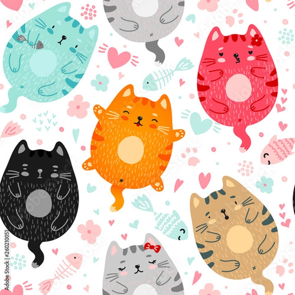 Fototapeta doodle colored cats seamless pattern