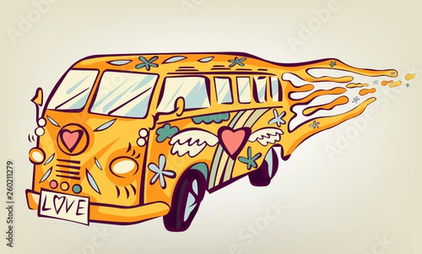 Obraz Hippie car, mini van. Isolated object. Psychedelic print concept.