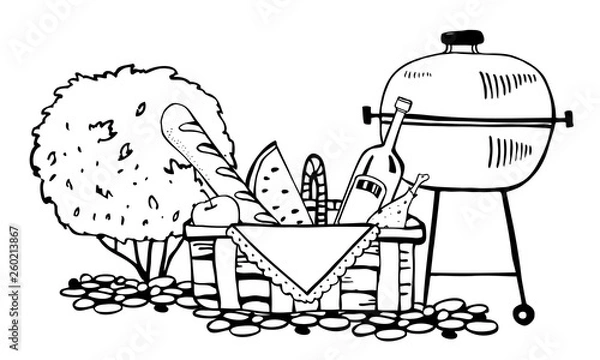 Obraz Grill and picnic basket with food on the ground with bush on the background. Outline vector sketch illustration black on white background