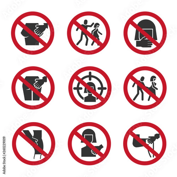 Fototapeta Stop sexual abuse, harassment, violence vector icons set. Illustration of aggression and violence, social sexual prohibited