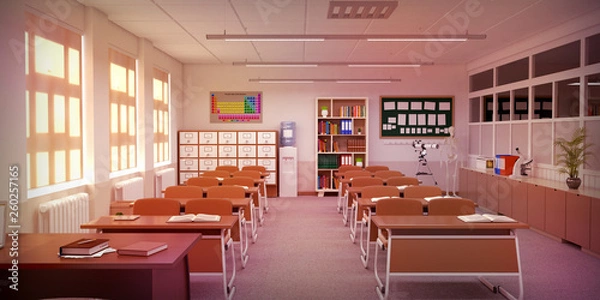 Fototapeta Classroom with table, chairs, panel and school cabinet. Clasroom front view. 3D Rendering.