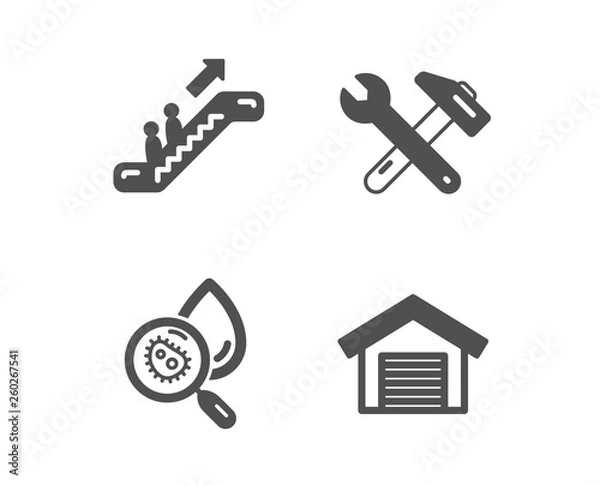 Fototapeta Set of Water analysis, Escalator and Spanner tool icons. Parking garage sign. Aqua bacteria, Elevator, Repair. Car place.  Classic design water analysis icon. Flat design. Vector