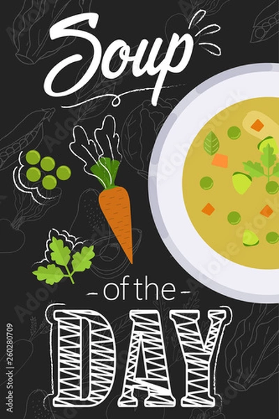Fototapeta Soup of the day menu concept. Soup with ingredients in flat style.
