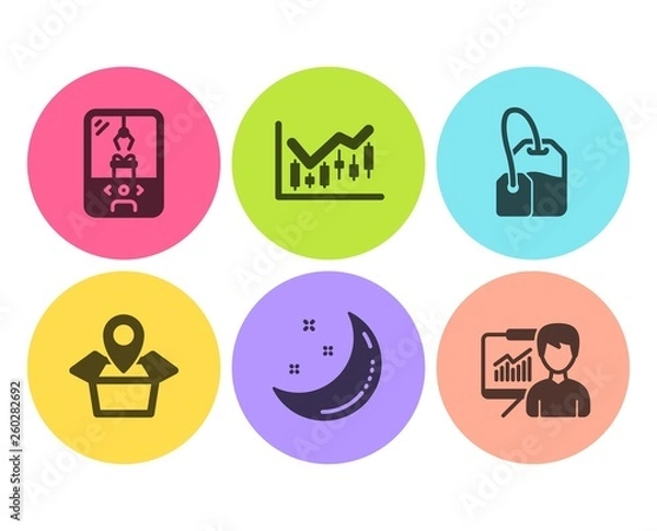 Obraz Crane claw machine, Moon stars and Package location icons simple set. Financial diagram, Tea bag and Presentation signs. Attraction park, Night. Flat crane claw machine icon. Circle button. Vector