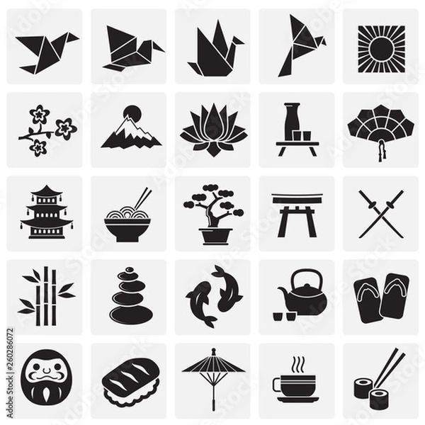 Obraz Japan related icons set on squares background for graphic and web design. Simple vector sign. Internet concept symbol for website button or mobile app.