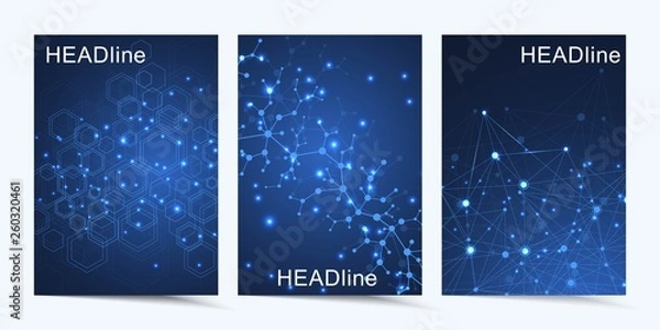 Fototapeta Business vector templates for brochure, cover, banner, flyer, annual report, leaflet. Abstract composition with molecule structure, dots, lines. Wave flow. Science, medicine, technology background