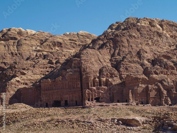 Fototapeta Petra; Raqmu - historic ruins of the ancient, rock city of the Nabatean Arabians. It is located in southwestern Jordan. It is also known as the rose-red city. UNESCO World Heritage list.