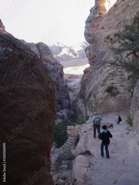 Fototapeta Petra; Raqmu - historic ruins of the ancient, rock city of the Nabatean Arabians. It is located in southwestern Jordan. It is also known as the rose-red city. UNESCO World Heritage list.