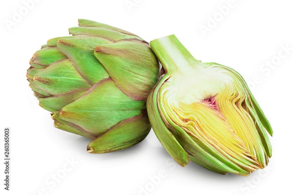 Fototapeta Fresh Artichokes and half isolated on white background closeup