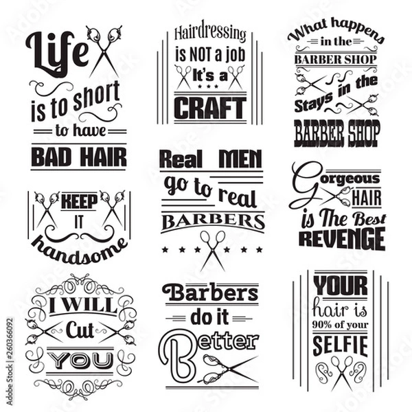 Fototapeta Quote typographical background about hair and barber with illustration of vintage scissors. Vector template for poster business card banner and t-shirt