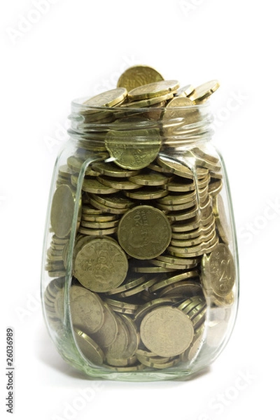Obraz Jar full of euro coins, on white background