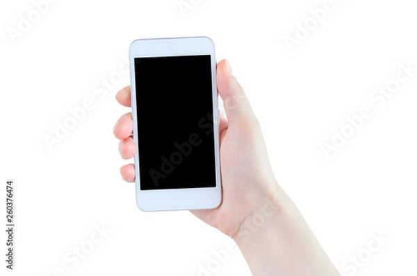 Fototapeta White smartphone with a black display in the hand of a Caucasian girl. Close-up.