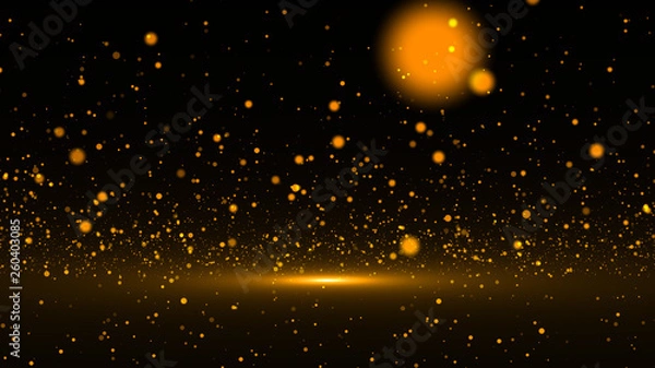 Fototapeta Gold bokeh defocused lights glitter powder splash background. Golden dust. Magic mist glowing. 