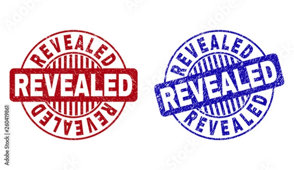 Fototapeta Grunge REVEALED round stamp seals isolated on a white background. Round seals with grunge texture in red and blue colors. Vector rubber imprint of REVEALED title inside circle form with stripes.