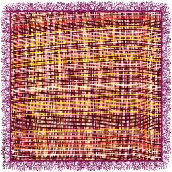 Fototapeta Colorful grunge striped and checkered weave tablecloth with fringe