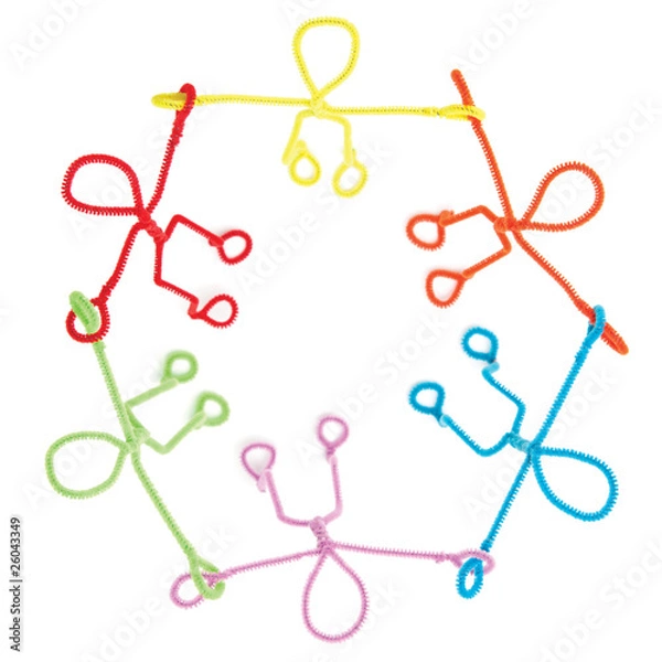 Obraz Colorful stick figures made of pipe cleaners holding hands in ci