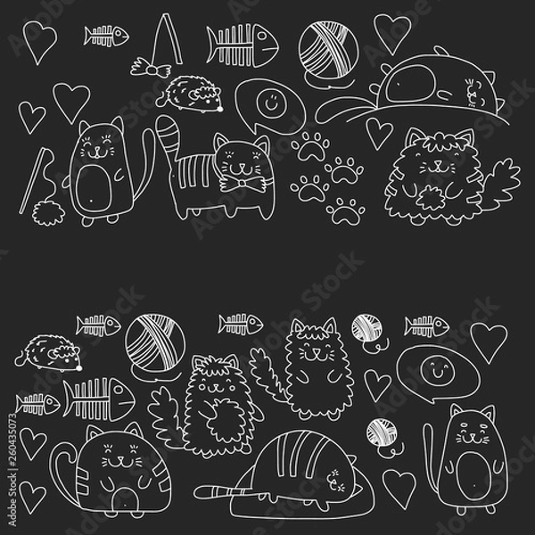 Fototapeta Vector pattern with cute little cats and kittens for children.