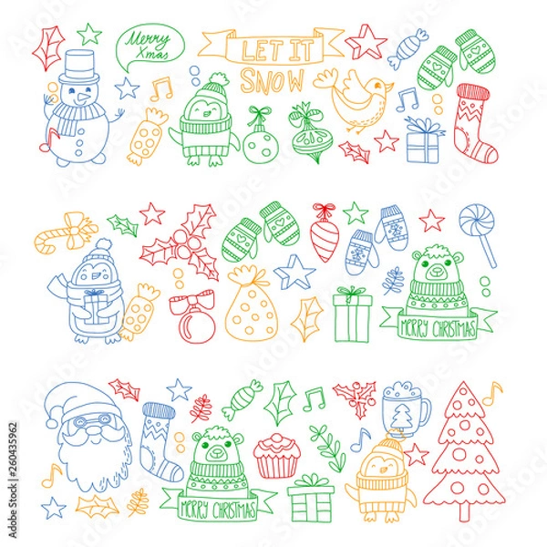 Fototapeta Christmas element in doodle kids drawing style. Vector pattern.