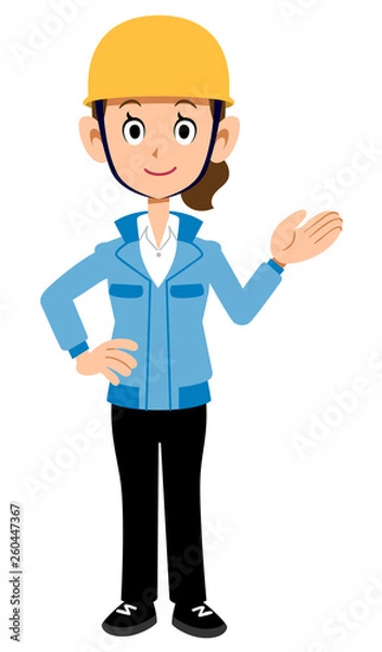 Fototapeta 案内する建築現場作業員の女性　青い作業着