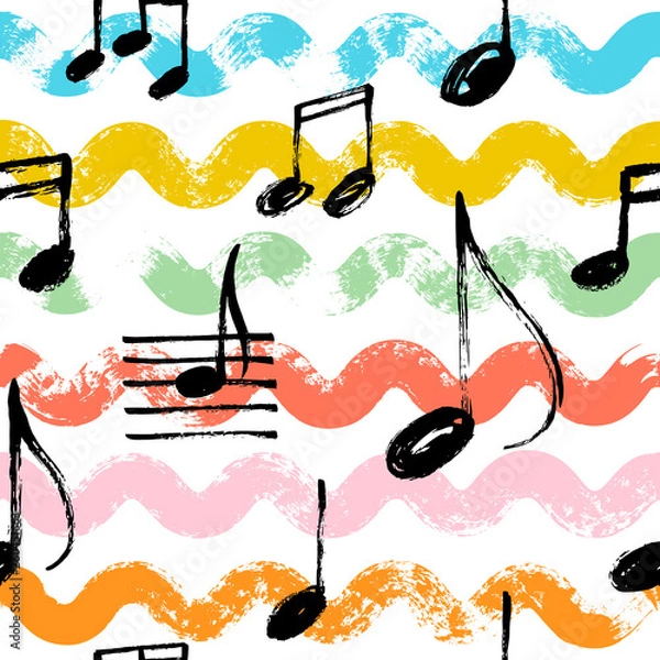 Obraz Music notes seamless vector pattern with waves.