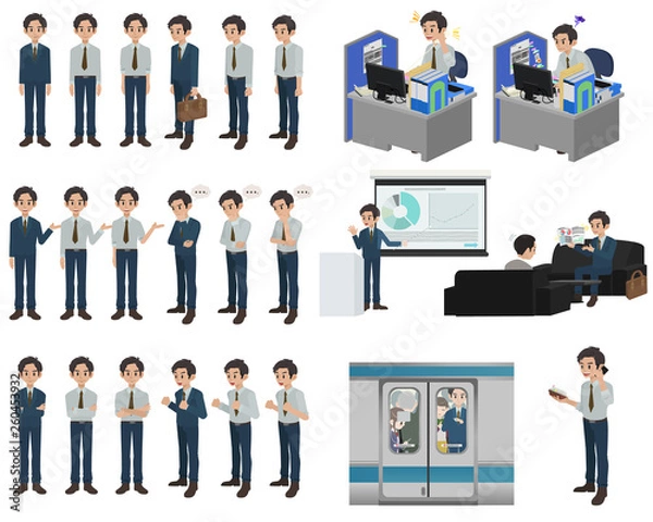 Fototapeta Set of businessman character design with a different poses on a white background