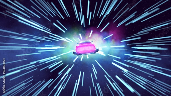 Fototapeta Renderowanie 3D, latający samochód przyszłości, styl retrowave w przestrzeni z gwiazdami