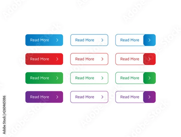 Fototapeta Set of colorful buttons Read More with small arrow. Vector illustration on white background. Filled and outline buttons. Read more buttons with trendy gradients.