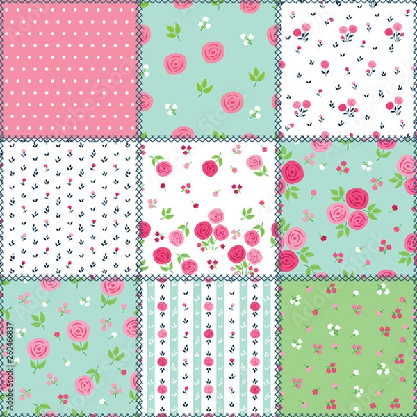 Fototapeta Spring patchwork background with different patterns for textile, gift wrap and scrapbook. Vector illustration.