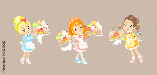Fototapeta Three Cute Little Girls in Aprons Holds Cupcakes or Muffins on the Tray. Vector Illustration People and Bakery or Pastry Shop food
