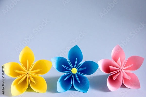 Fototapeta  Beautiful paper flowers of different colors. Multi-colored origami flowers on a blue background, copy space