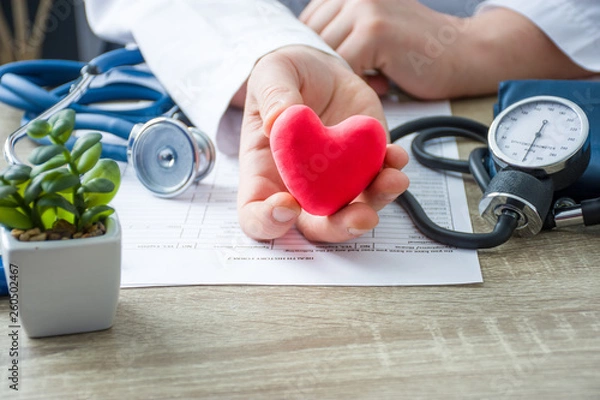 Fototapeta Doctor of internal medicine and cardiologist holding in his hands and shows to patient figure of red card heart during medical consultation. Explanation of causes of heart, diagnosis and treatment