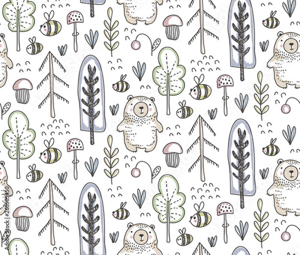 Obraz Vector seamless pattern with hand drawn bear in the forest