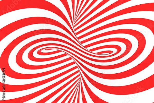 Fototapeta Swirl optical 3D illusion raster illustration. Contrast red and white spiral stripes. Geometric torus image with lines, loops.