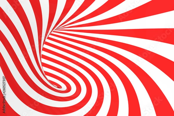 Fototapeta Swirl optical 3D illusion raster illustration. Contrast red and white spiral stripes. Geometric torus image with lines, loops.