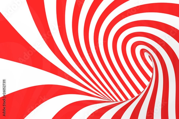 Fototapeta Swirl optical 3D illusion raster illustration. Contrast red and white spiral stripes. Geometric torus image with lines, loops.