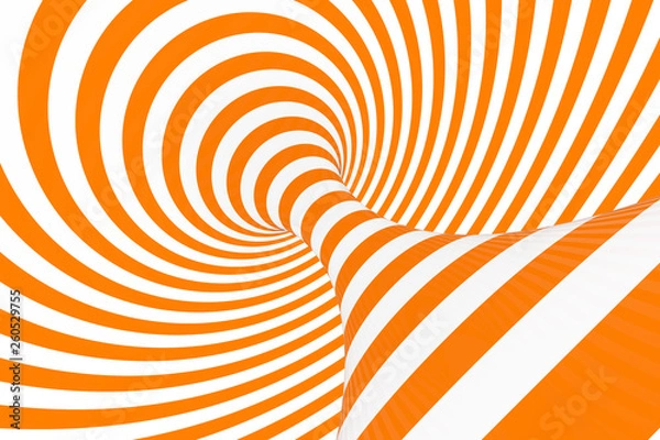 Fototapeta Torus 3D optical illusion raster illustration. Hypnotic white and orange tube image. Contrast twisting loops, stripes ornament.