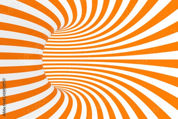 Fototapeta Torus 3D optical illusion raster illustration. Hypnotic white and orange tube image. Contrast twisting loops, stripes ornament.