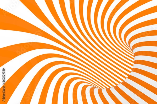 Fototapeta Torus 3D optical illusion raster illustration. Hypnotic white and orange tube image. Contrast twisting loops, stripes ornament.
