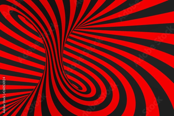 Fototapeta Torus 3D optical illusion raster illustration. Hypnotic black and red tube image. Contrast twisting loops, stripes ornament.