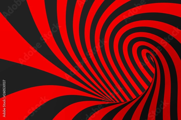 Fototapeta Torus 3D optical illusion raster illustration. Hypnotic black and red tube image. Contrast twisting loops, stripes ornament.
