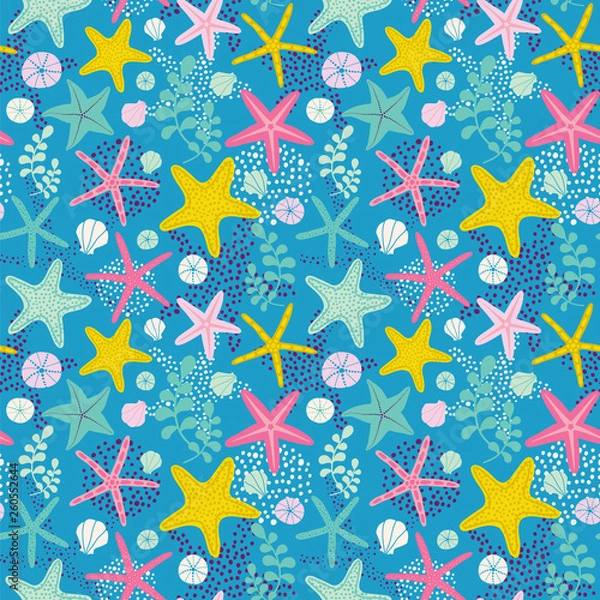 Fototapeta Seamless vector pattern with starfishes and seaweeds. Underwater background.