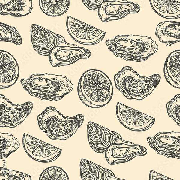 Fototapeta Seamless pattern of oysters and lemons in the engraving style.