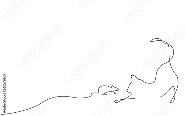 Fototapeta Cat and mouse one line drawing vector illustration