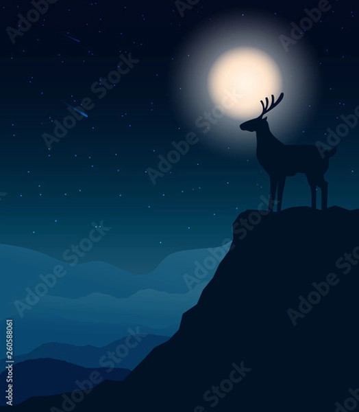 Fototapeta Deer silhouette standing on a cliff with moon