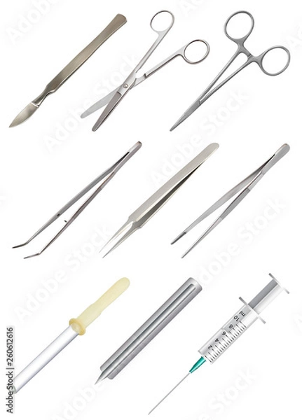 Fototapeta Set of medical hand tools. Tweezers of different types, all-metal reusable scalpel, clip with fastener, surgical scissors, glass pipette, disposable syringe, blood lancet. Isolated objects. Vector.