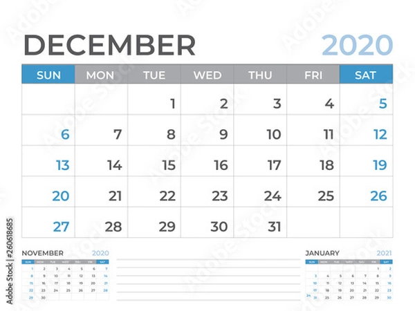 Fototapeta December 2020 Calendar template, Desk calendar layout  Size 8 x 6 inch, planner design, week starts on sunday, stationery design, vector Eps10