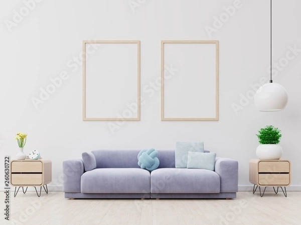 Fototapeta Poster above white sofa with plants next to grey sofa in simple living room interior.3D Rendering
