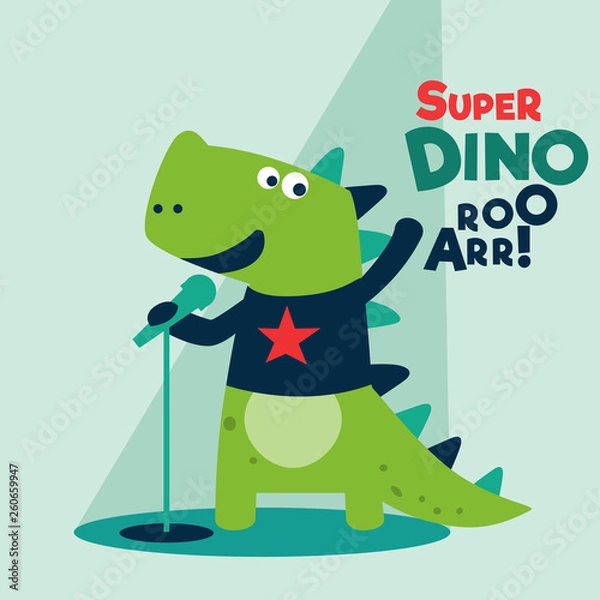 Fototapeta Cute dinosaur singing with microphone