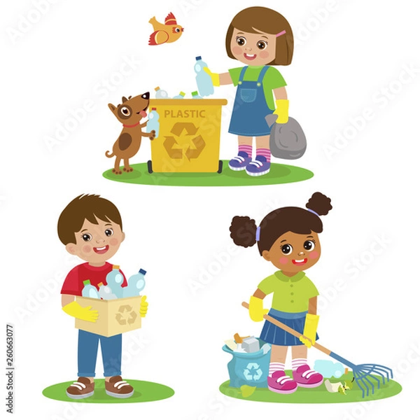 Fototapeta Vector Set Illustrations Kids Picking Up Plastic Bottles Into Garbage Bags. Children Cleaning Environment From Trash.
