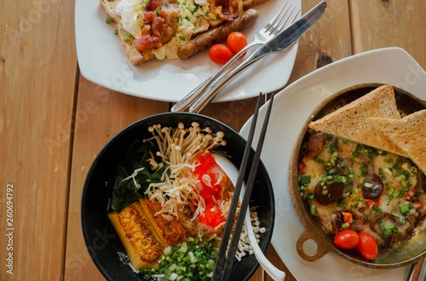 Obraz healthy breakfast table with toasted sandwich